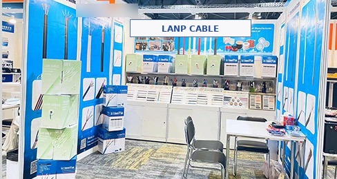LANP CABLE booth at Hong Kong Electronics Fair showing CAT cable lineup and patch cord display