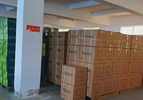 Finished goods warehouse at LANP CABLE with stacked product boxes